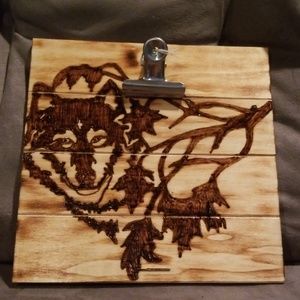 Woodburned picture frame wolf themed